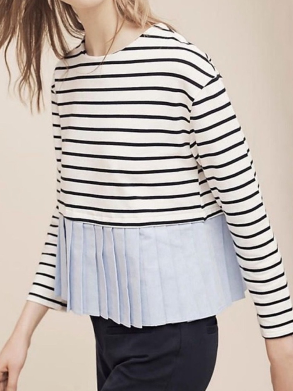 Deletta Anthropologie Stripe Pleated Chambray Peplum Top Sz XS